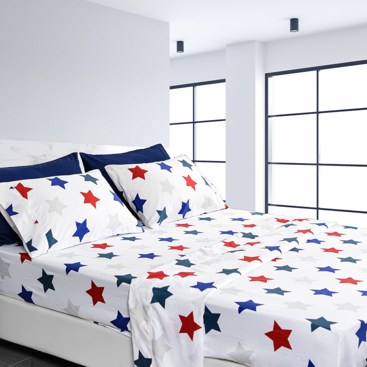 American Home Collection Blue and Red Stars Bedding Sheets & Pillowcases Set Brushed Microfiber Wrinkle Free Sheet Set